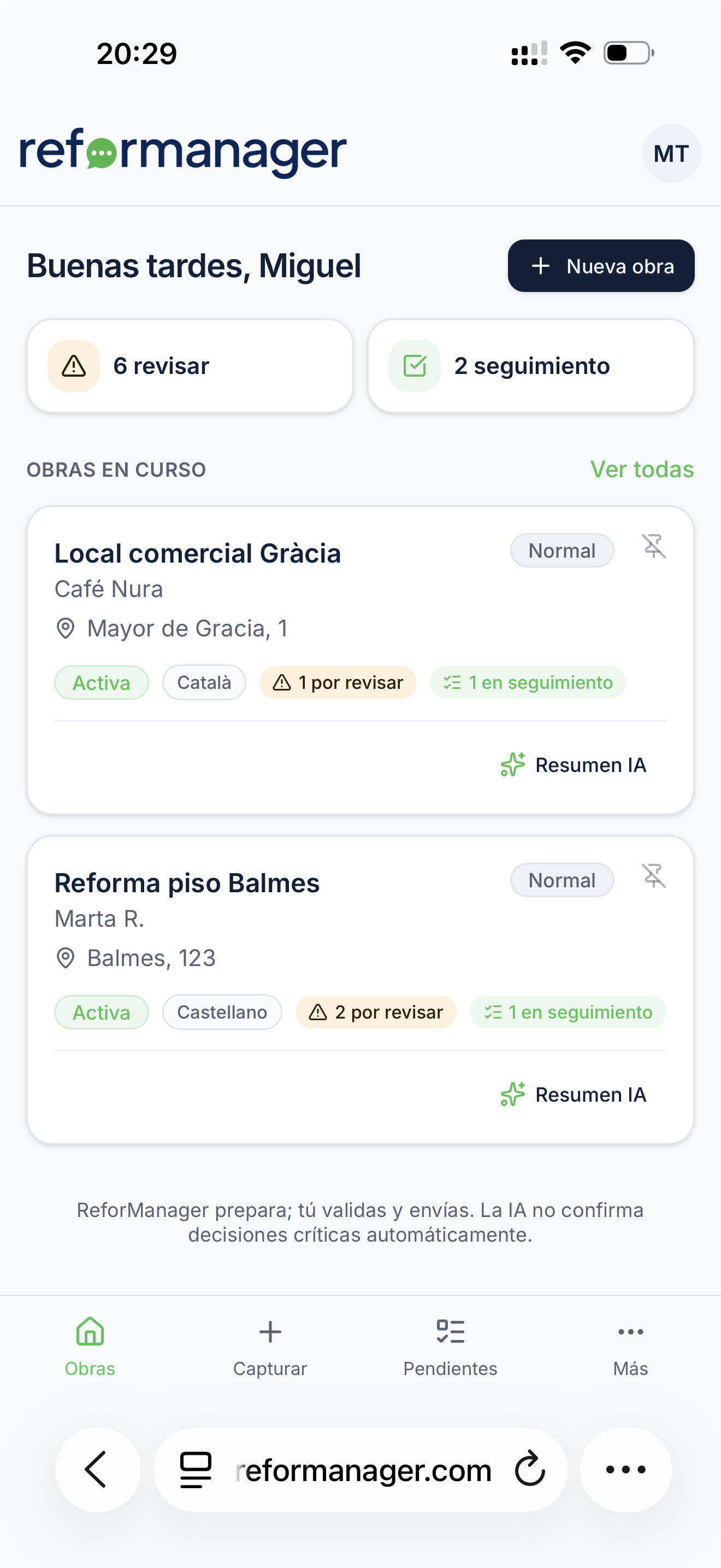 App Reformanager mostrando obras en curso, pendientes y resumen IA