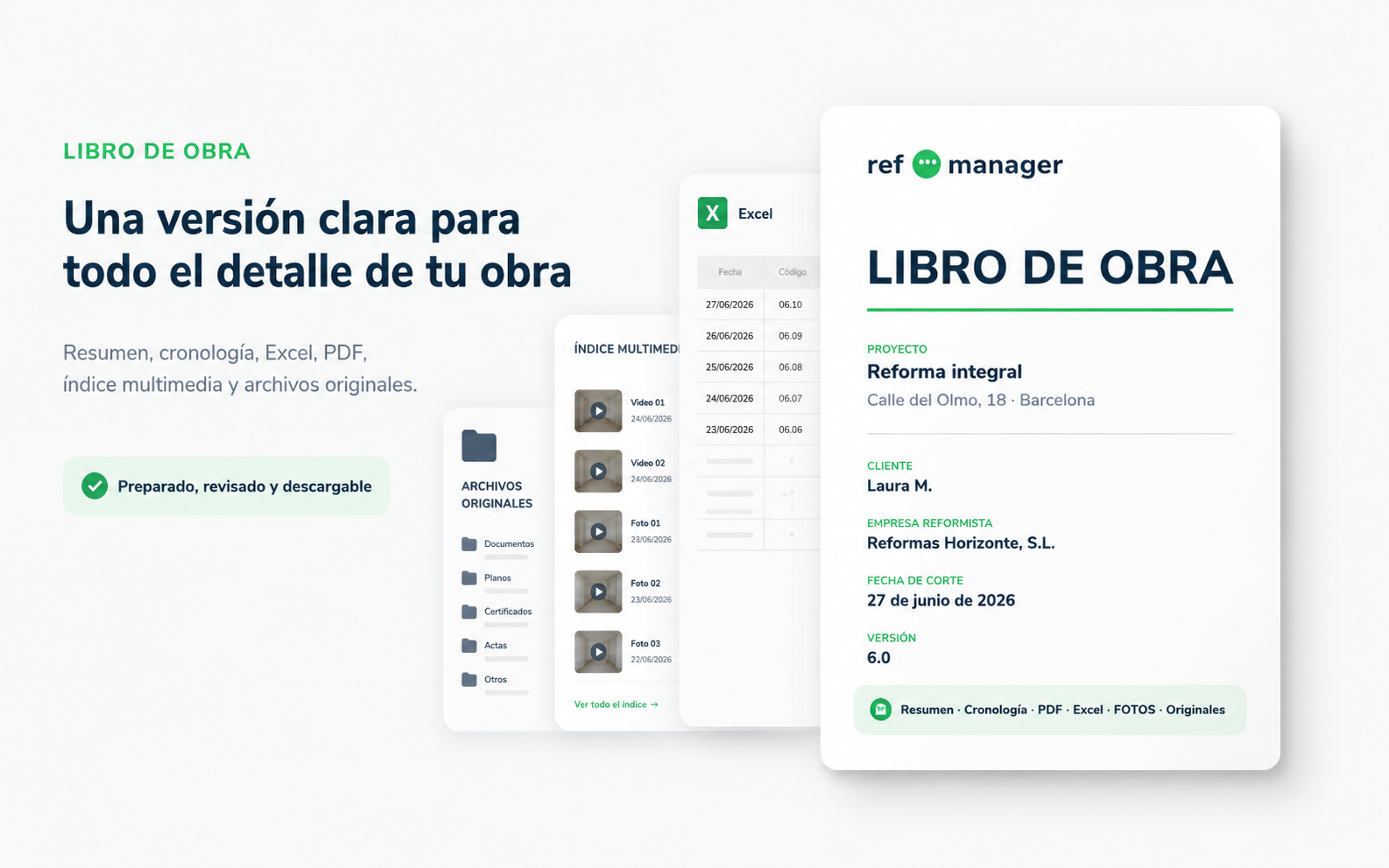 Libro de obra de Reformanager con PDF, Excel, índice multimedia y archivos originales